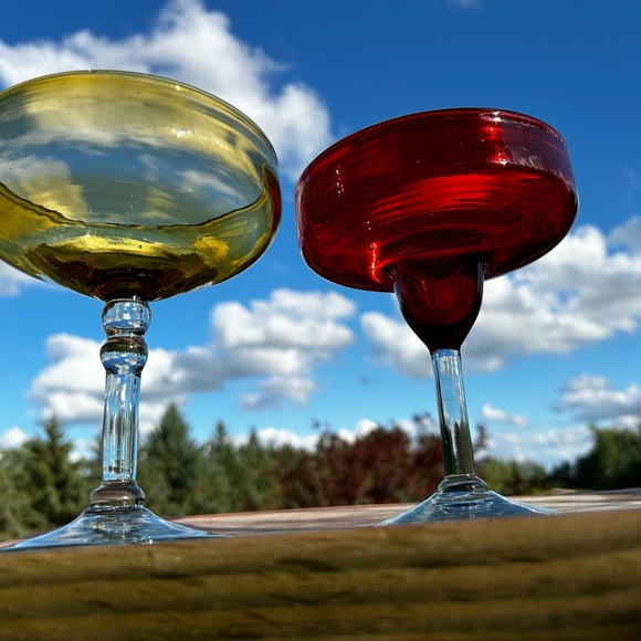 Vintage Set of 2 Hand Blown Mexican Red/yellow Margarita Glasses Barware - Picture 7 of 11